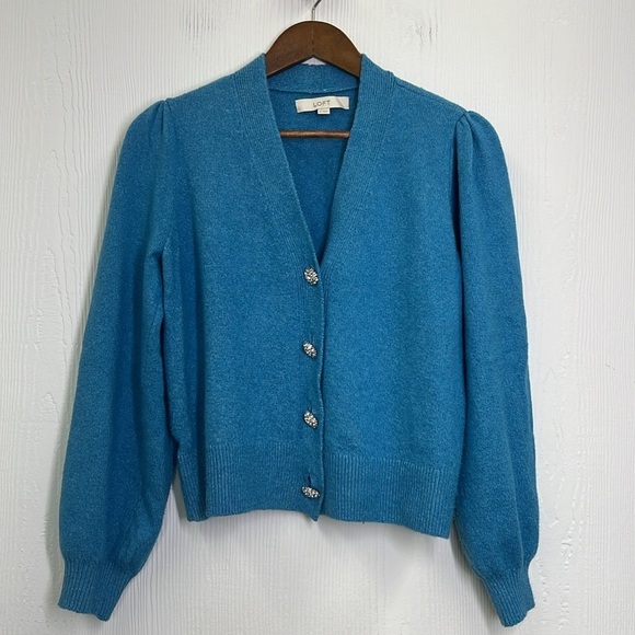 Loft - Blue Jewel Rhinestone Button Up Long Sleeve Cardigan Size Medium - Picture 8 of 11